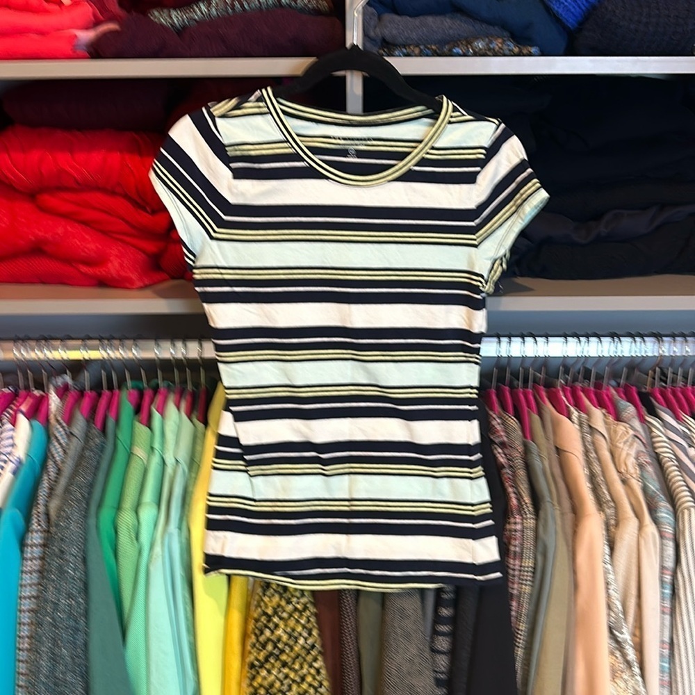 The Limited green/black/yellow/white striped shorts sleeve top size XS